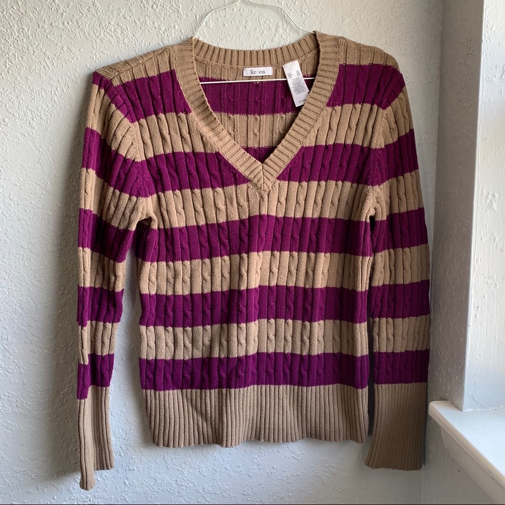 LIZ & CO striped sweater, purple and tan